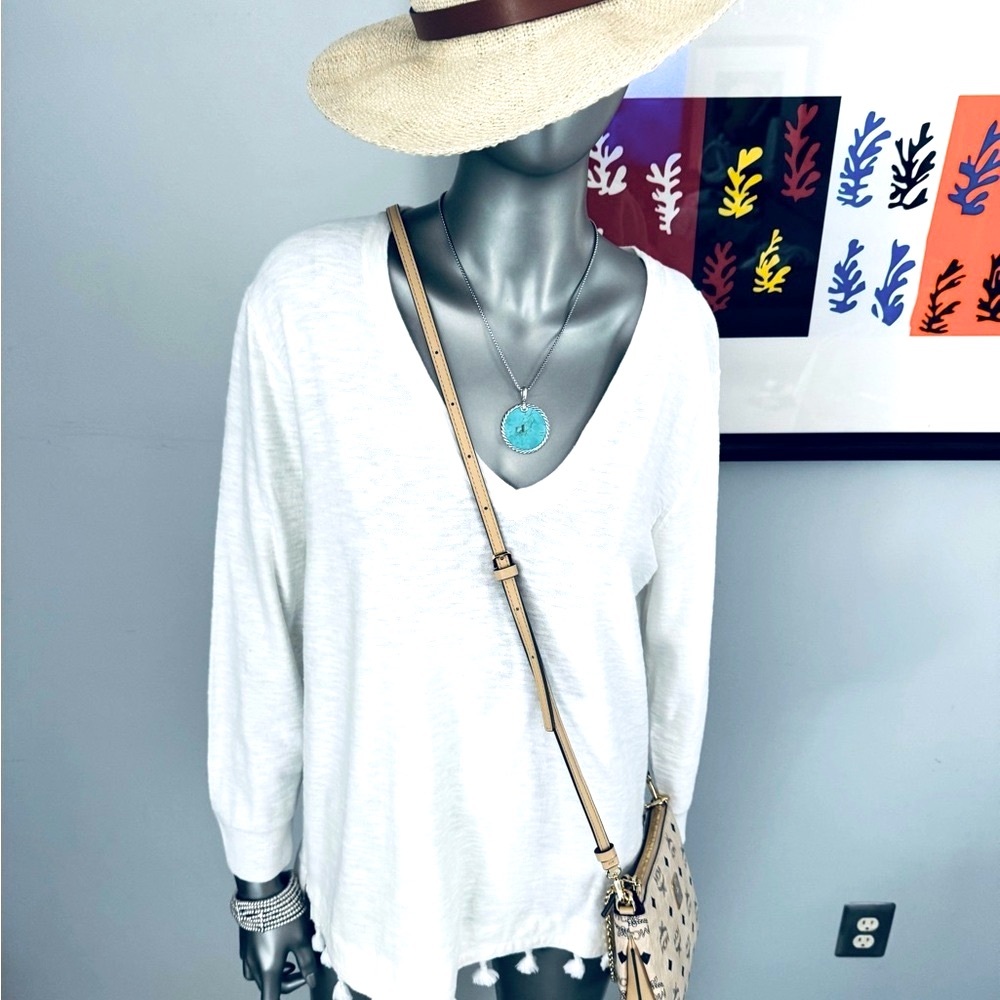 J.Crew - White V-Neck Pom-Pom Trim Top
